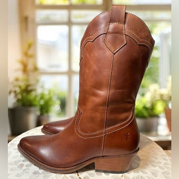 FRYE Nataly Western Leather Inside Zip Tall Cognac - Picture 4 of 12